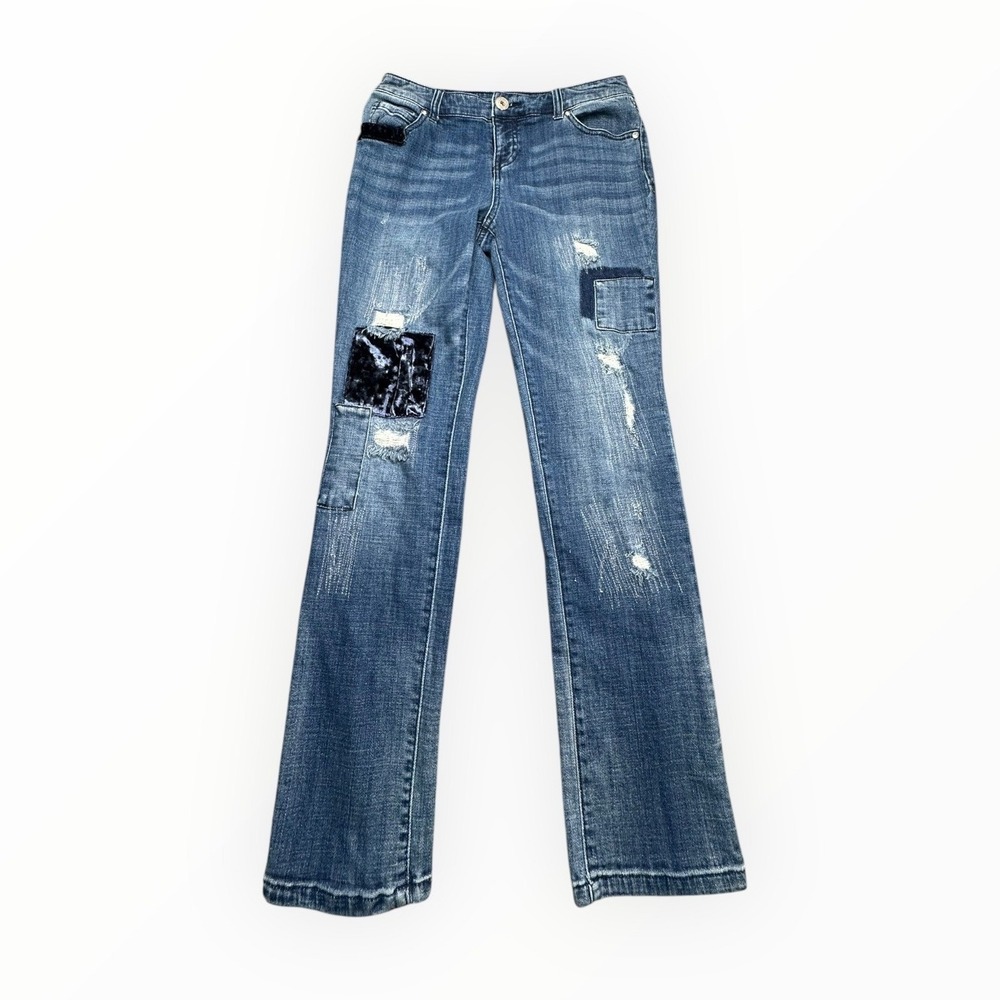 INC Denim Jeans Womens 4P Blue Boyfriend Regular Fit Distressed Sequin Patchwork